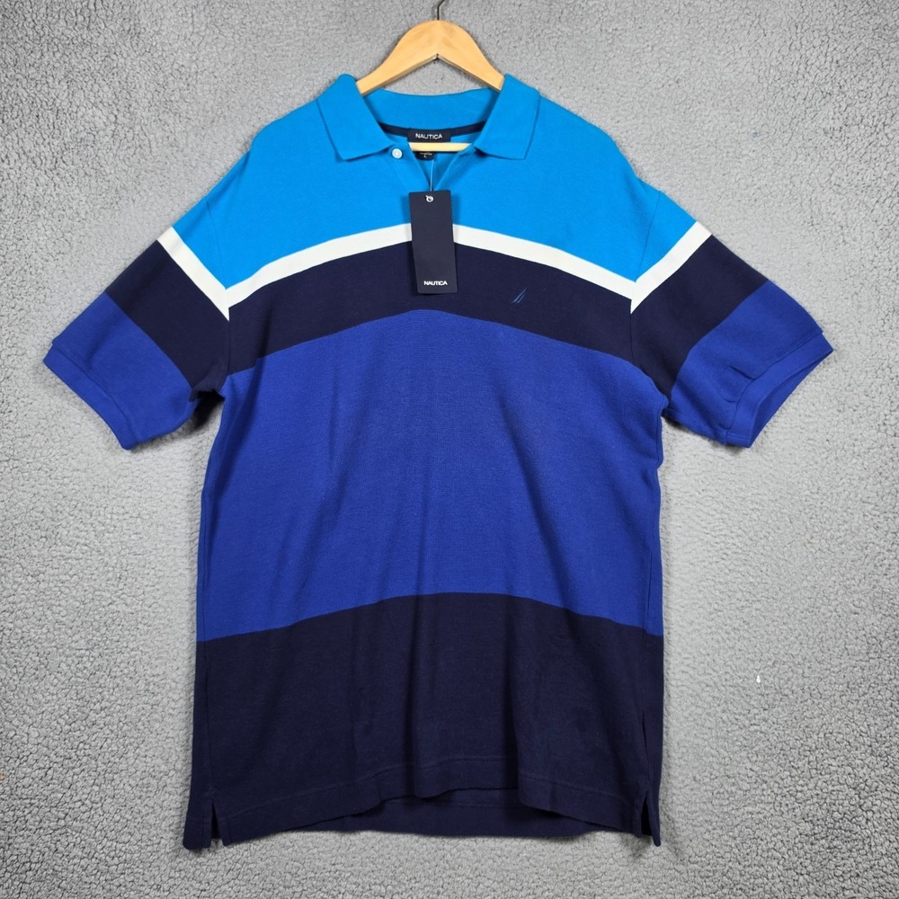 Nautica Polo Shirt Mens Size Large Blue Color Block Tweed Long Cotton VTG‎ Y2K